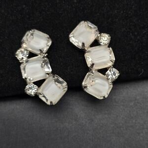 Clear White Glass Rhinestone Clip On Earrings Curved Vintage Glam Jewelry